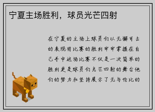 宁夏主场胜利，球员光芒四射