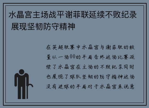 水晶宫主场战平谢菲联延续不败纪录 展现坚韧防守精神