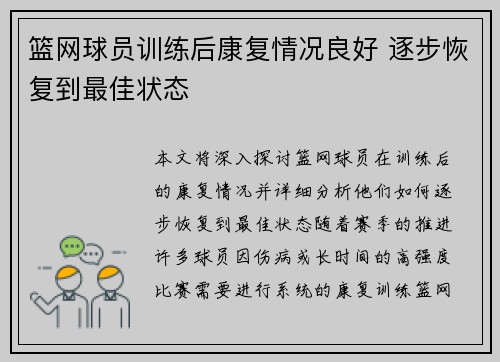 篮网球员训练后康复情况良好 逐步恢复到最佳状态
