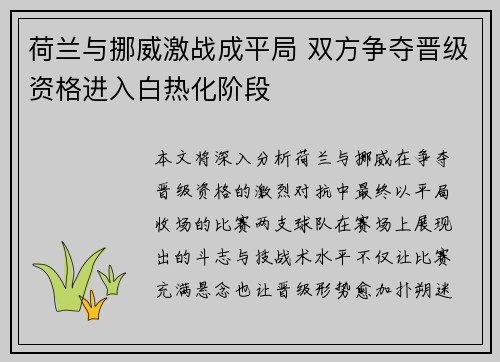 荷兰与挪威激战成平局 双方争夺晋级资格进入白热化阶段
